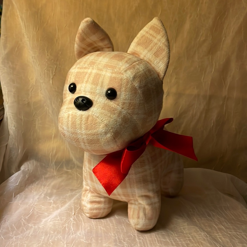 Tan & white plaid stuffed standing dog w/red bow- Aurora